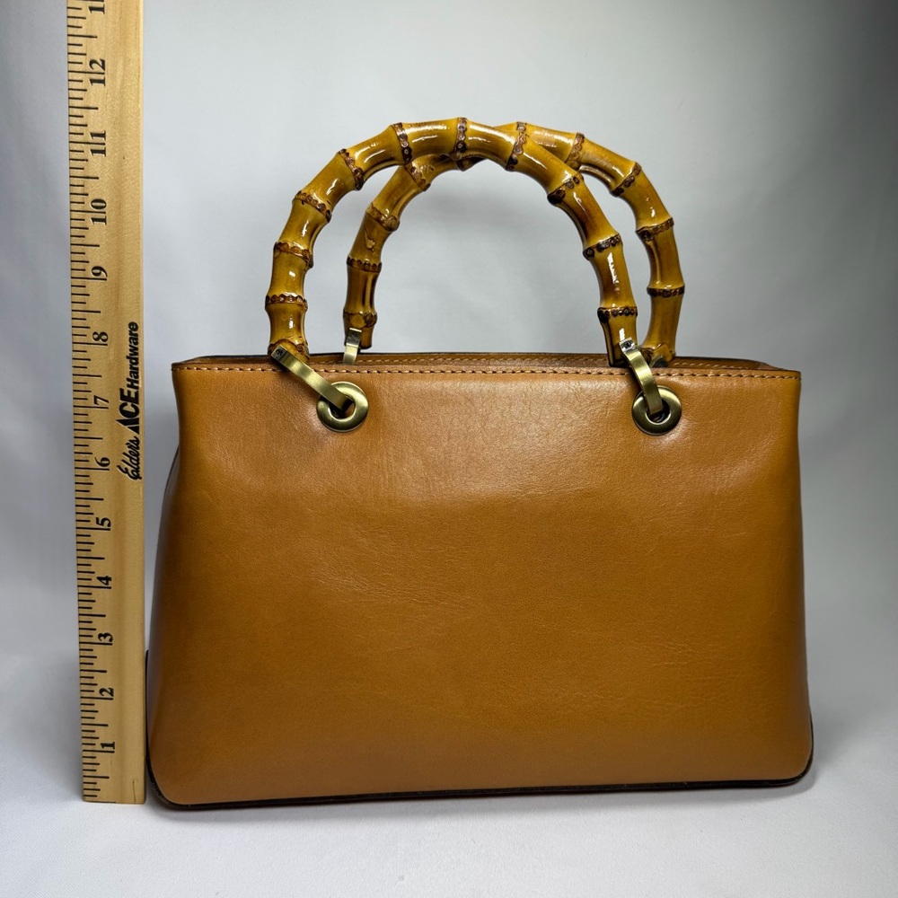 Patricia Nash Leather Satchel Bamboo Top Double Handles Firm Cognac Brown SEE - Picture 2 of 16